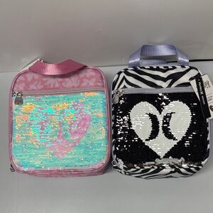 Set of 2 Hurley Lunch Box Tote Bags Flip Sequins Peony Pink Black Zebra NWT